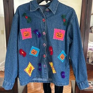 Vintage Life Style Halloween Pumpkin  Patchwork Denim Jacket Small 100% cotton